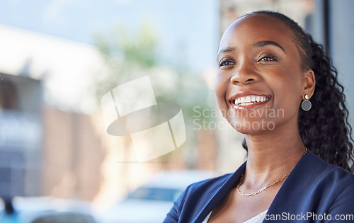 Image of Professional, confident face and happy black woman, bank consultant or agent smile for administration career. Window, thinking and business person vision for corporate success, office job or mockup