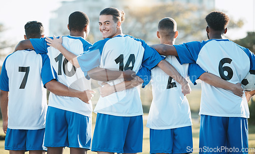 Image of Sports, teamwork and portrait of men on soccer field for training, challenge and championship game. Goals, health and stadium with group of people in football stadium for athlete, club or solidarity
