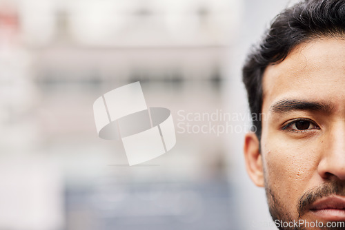 Image of Serious, mockup and portrait of a man for branding, advertising or marketing on bokeh. Business, half face and banner of an Asian businessman or young Asian employee with space for information