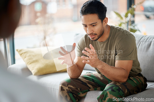 Image of Therapist, soldier and man talking, support and counseling for military trauma, mental health and memory of war. Speaking, therapy and young veteran or army person with psychologist helping on sofa