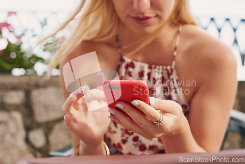 Image of Phone, social media and woman hands on holiday with internet scroll and online on vacation. Young female person, mobile and freedom with networking in a city outdoor on the web and app closeup