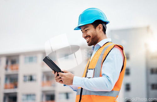 Image of Construction worker, tablet and with research and digital data for building renovation outdoor. Happy, engineer and male contractor with management and builder project with tech and online plan