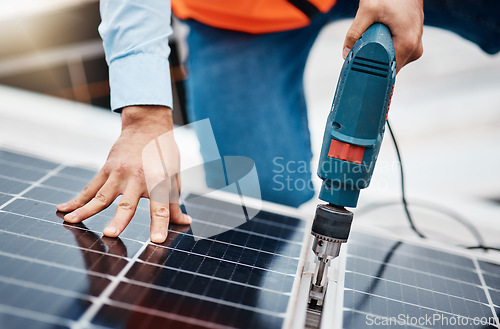 Image of Solar panel, drill and engineering with hands of man for renewable energy, project and power. Construction, electricity and sustainability with closeup of contractor for tools, photovoltaic and grid