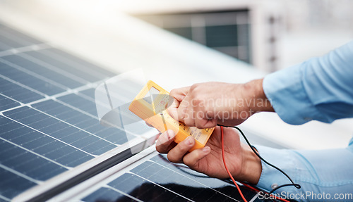 Image of Solar panel, meter and engineering with hands of man for renewable energy, project and power. Construction, electricity and sustainability with closeup of contractor for tools, photovoltaic and grid