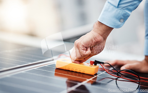 Image of Solar panel, electricity and meter with hands of man for renewable energy, project and power. Construction, engineering and sustainability with closeup of contractor for tools, photovoltaic and grid