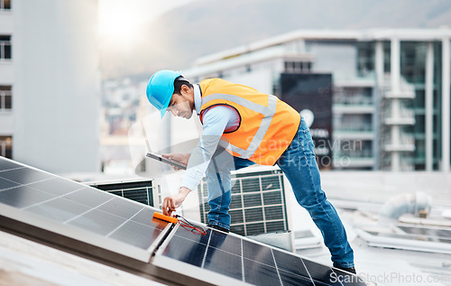 Image of Solar panel, inspection and engineering with man for renewable energy, project and power. Construction, electricity meter and sustainability with contractor in city for tools, photovoltaic and grid