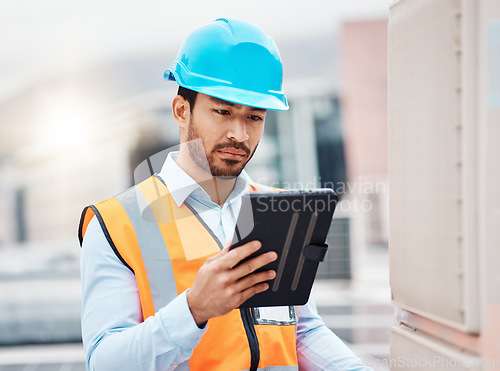 Image of Tablet, engineering and man with air conditioner on roof for repair, maintenance and inspection. Solar power, construction and male worker on digital tech online for service, check and electricity