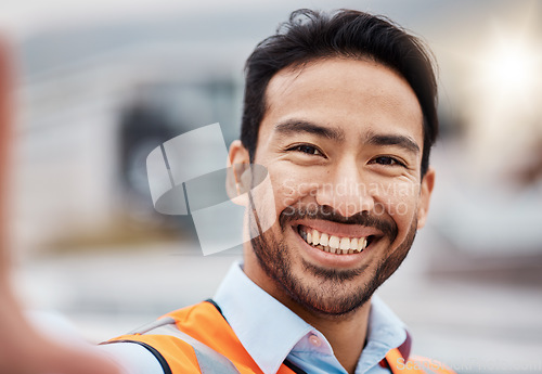 Image of Construction worker, selfie and portrait with smile outdoor of builder and maintenance employee. Happy, face and male person doing engineering, property planning and building development project