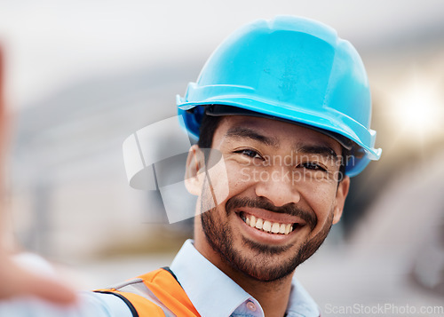 Image of Construction worker, selfie and portrait with helmet outdoor of builder and maintenance employee. Happy, face and male person doing engineering, property planning and building development project