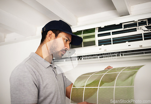 Image of Maintenance, air conditioner and man checking filter, technician working on ventilation and ac repair. Contractor, handyman or electric aircon machine expert problem solving or cleaning dust service.