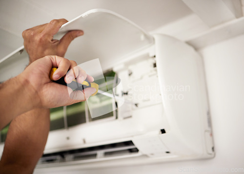 Image of Maintenance, air conditioner and hands of man with screwdriver working on ventilation filter for ac repair. Contractor service, handyman or electric aircon machine expert problem solving with tools.