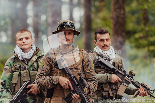 Image of Goup of soldiers in oposit sides celebrating peace after battle