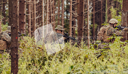 Image of Modern warfare Soldiers Squad Running as Team in Battle Formation