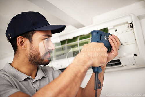 Image of Maintenance, air conditioning service and man with drill, working on ventilation filter or ac repair. Contractor, handyman or electric aircon machine expert problem solving cleaning dust and tools.