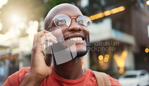 Image of Happy black man, thinking and phone call in city for vision, communication or outdoor discussion. Face of African male person smile and talking on mobile smartphone in wonder for conversation in town