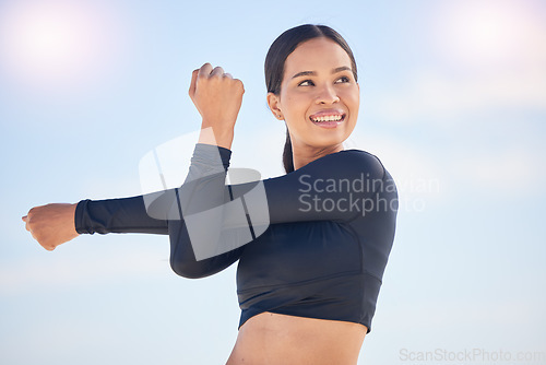 Image of Happy woman, fitness and stretching arms for exercise, workout or outdoor running with sky background. Female person, athlete or runner smile thinking in wonder for body warm up or cardio training