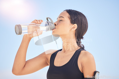 Image of Woman, fitness and drinking water for natural nutrition or sustainability after workout, running or outdoor exercise. Thirsty female person with bottle of mineral for healthy wellness, break or rest