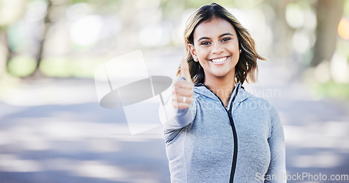 Image of Runner woman, thumbs up and portrait in park, smile or exercise in fitness training in nature. Indian girl, happy and hand for sign language, health or workout for body, wellness or success with goal