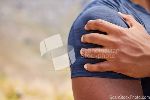 Image of Sports man, runner and shoulder pain from workout training injury or fitness cardio running accident outdoor. Hand, arm muscle or closeup of injured male athlete with exercise emergency in nature