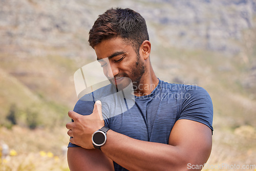 Image of Sports man, runner and shoulder pain from fitness training injury or running workout accident outdoor. Indian person, arm muscle or closeup of injured male athlete with exercise emergency in nature