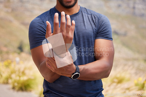 Image of Sports runner, hand or wrist pain from fitness training injury or running workout accident outdoor. Healthy person, forearm muscle or closeup of injured male athlete with exercise emergency in nature