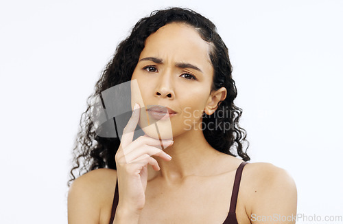 Image of Confused woman, face or thinking on isolated white background of skincare, beauty or makeup brand choice. Doubt, portrait or model with ideas, questions or choosing vision in mind change on mock up