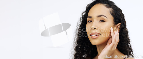 Image of Woman, face or touching face on isolated white background in skincare, collagen success or dermatology treatment. Smile, happy or beauty model portrait in natural makeup, cosmetics or hairstyle pride