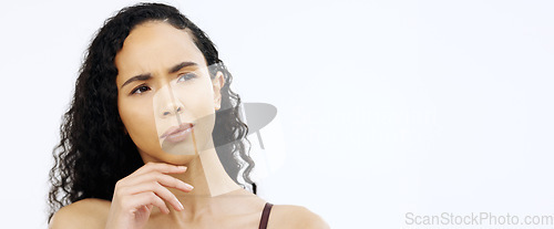 Image of Confused model, face or thinking on isolated white background of skincare, beauty or makeup brand choice. Doubt, portrait or woman with ideas, questions or choosing vision in mind change on mock up