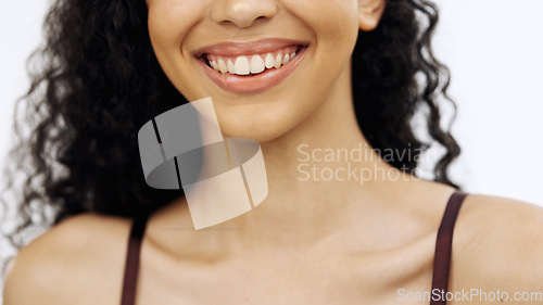 Image of Woman, laughing or teeth on isolated white background in whitening promotion, orthodontic wellness or dental care routine. Zoom, smile or beauty model in lipstick, lip gloss or mouth makeup cosmetics