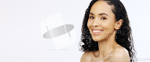 Image of Black woman, beauty and face with skincare in portrait smile, facial and cosmetic care isolated on white background banner. Dermatology, natural cosmetics and spa treatment glow, mockup space and fem