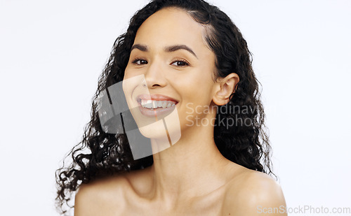 Image of Black woman, beauty and face with skincare in portrait smile, facial and cosmetic care isolated on white background. Dermatology, natural cosmetics and spa treatment glow, mockup space and female mod