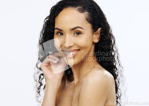 Image of Woman, face or touching face on isolated white background in skincare, collagen success or dermatology treatment. Smile, happy or beauty model portrait in natural makeup, cosmetics or hairstyle pride
