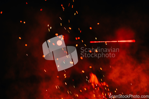 Image of Soldiers squad in action on night mission using laser sight beam lights military team concept