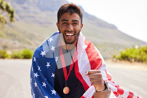 Image of Fitness, winner and portrait of man with USA flag on mountain for exercise, training and running race. Sports, nature and face of excited male runner for competition, challenge and cross country