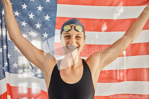 Image of Woman, sport and flag for USA in portrait for winning, goals and pride for swimming games. Girl, swimmer or athlete with smile on face for contest, race or happy for fitness, health or United States