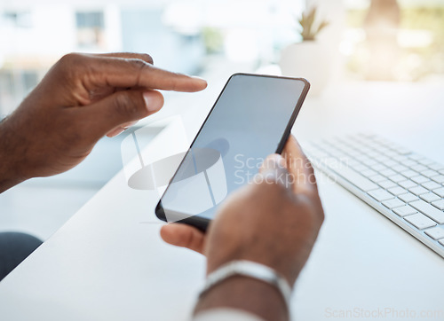 Image of Business, hands and mockup with a smartphone, screen and typing with network, connection and email. Closeup, cellphone and mobile app with internet search, online banking and chatting with a contact