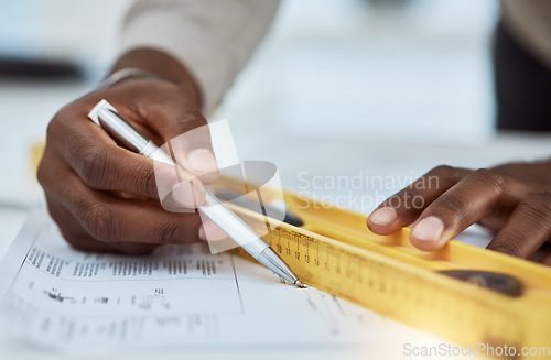 Image of Hands, architecture blueprint and ruler with pen for drawing process, engineering project and building development. Closeup, designer and stationery for scale lines, sketch and floor plan of property