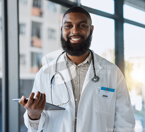 Image of Tablet, happy man and portrait of doctor for healthcare services, telehealth analysis or hospital network. African person medical worker with digital technology for planning, clinic research or info
