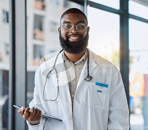 Image of Tablet, black man and portrait of doctor for healthcare services, telehealth analysis or hospital network. Young medical professional on digital technology for clinic research, consulting or planning