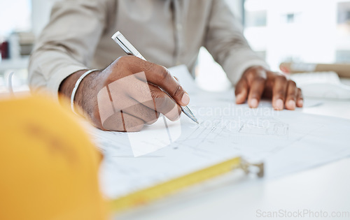 Image of Hands, pen and architect drawing blueprint, project illustration and engineering process. Closeup, man and designer with documents, floor plan and paper to sketch construction of building renovation