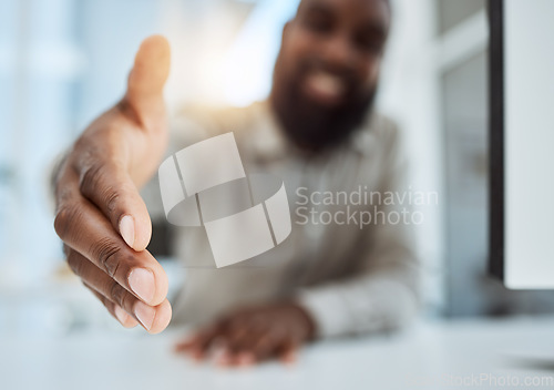 Image of Handshake, offer and business man for introduction, welcome and career deal, success or POV meeting. African person or worker shaking hands for partnership, b2b onboarding and thank you or agreement