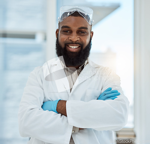 Image of Laboratory, medical science and portrait of a man for research, study and career pride. Happy black male person or scientist with arms crossed for innovation, biotechnology and future development