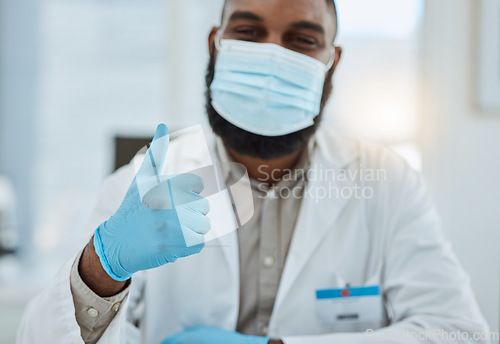 Image of Thumbs up, doctor gloves and hands of man with support of success, trust and medical clinic. Healthcare worker show thumb sign to celebrate agreement, yes emoji and thank you for hospital consulting