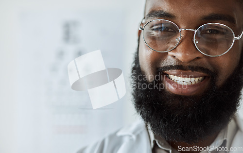 Image of Eye exam, smile and portrait of optometrist or black man with confidence, glasses and happy service with mockup space. Ophthalmology, face and expert in vision, test or assessment for eyes or health