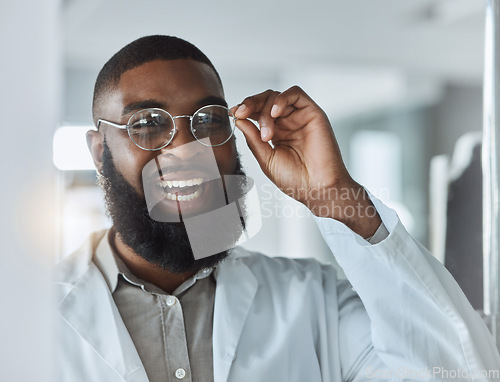 Image of Glasses, smile and portrait of black man with optometrist for vision and happy service in consultation office. Ophthalmology, face and eyewear from eye exam, test or consultation in healthcare