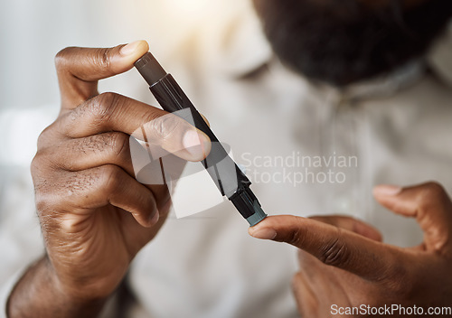 Image of Person, hands and test blood sugar for diabetes, health analysis or medical glucometer results. Closeup of patient poke finger with needle to check insulin, measure glucose risk and diabetic medicine