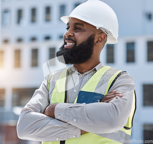 Image of Outdoor, engineer and black man with arms crossed, thinking and planning with problem solving, helmet and inspection. Engineering, manager or architect with ideas, development or project management