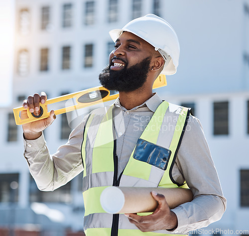 Image of Outdoor, engineer and black man with blueprint, thinking or planning with solution, problem solving or happiness. .Engineering, manager or architect with ideas, construction job or project management