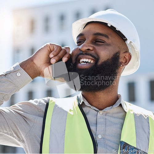 Image of African engineer man, phone call and city with smile, thinking and listening for networking, building or development. Construction site manager, smartphone and ideas for property, helmet and safety