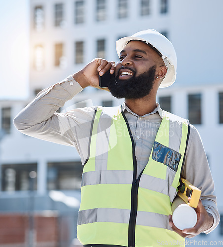 Image of African engineer man, phone call and outdoor with smile, thinking and listen for networking, building or development. Construction site architect, smartphone and idea for property, helmet and contact